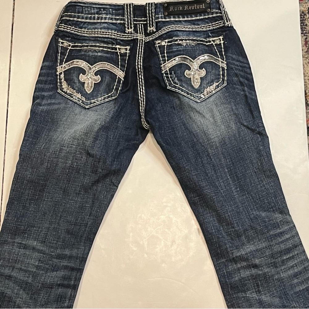 Rock Revival Alanis Bootcut Jeans size 27x33 distressed with bling